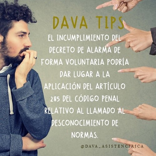 asistenciajca's tweet photo. El incumplimiento del Decreto de Alarma de forma voluntaria podría dar lugar a la aplicación del artículo 285 del Código Penal relativo al llamado al desconocimiento de normas.
...
#davatips #grupodava #legaltip #abogados #consultores #importantetrascenderynopermanecer https://t.co/bbeQjVDC54