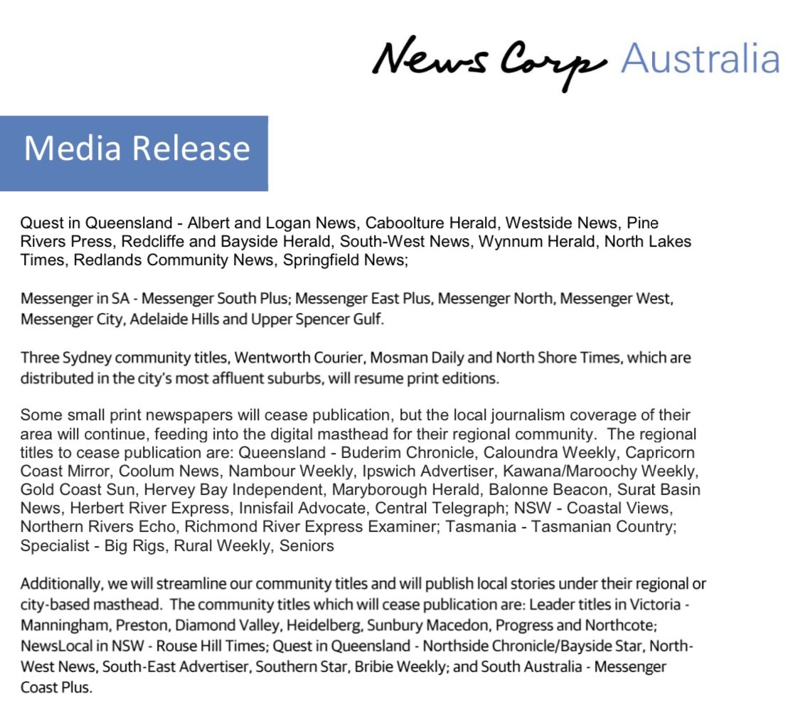 News Corp announcing a massive shakeup of its business, axing physical printing of a large number of its community newspapers and moving to digital only production @abcnews