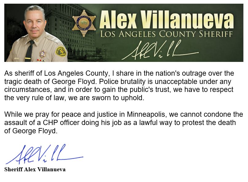 As Sheriff of @CountyofLA, I share in the nation's outrage over the tragic death of George Floyd. Police brutality is unacceptable under any circumstances, and in order to gain the public's trust, we have to respect the very rule of law, we are sworn to uphold.