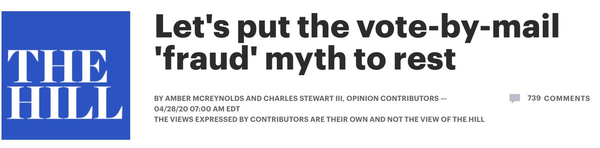 41/"There is no evidence that mail balloting results in rampant voter fraud" ( @AmberMcReynolds &  @cstewartiii for  @thehill): https://thehill.com/opinion/campaign/494189-lets-put-the-vote-by-mail-fraud-myth-to-rest