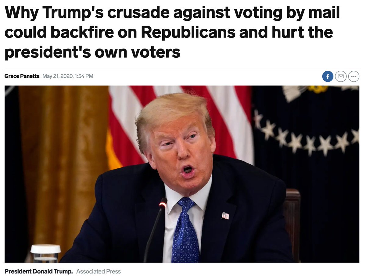 42/Former Republican campaign strategist compares president to "the boy who cried wolf" in spreading panic and undermining faith in the electoral process, to the detriment of his own base. ( @grace_panetta for  @businessinsider): https://www.businessinsider.com/trumps-crusade-against-vote-by-mail-could-backfire-on-republicans-2020-5