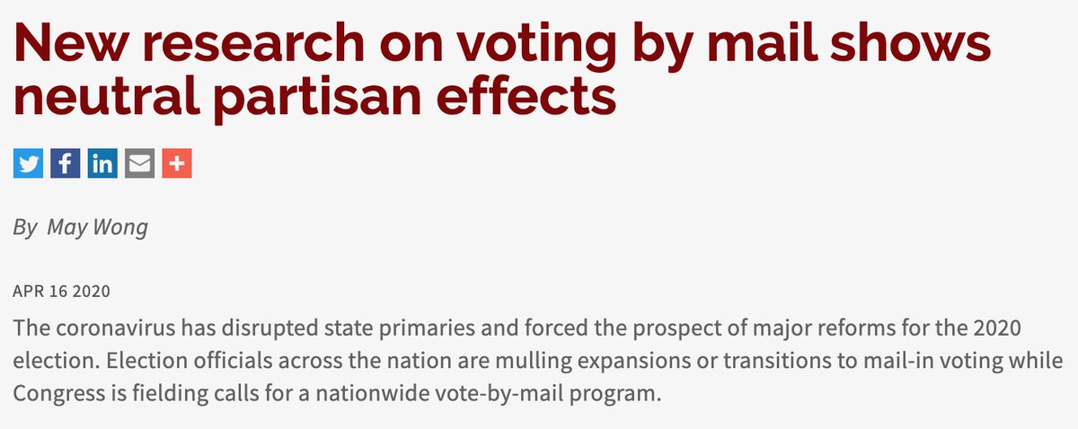 44/Research on vote by mail shows neutral partisan effects. (May Wong,  @SIEPR): https://siepr.stanford.edu/news/new-research-voting-mail-shows-neutral-partisan-effects