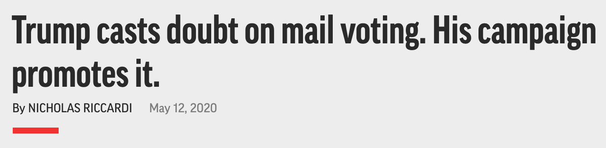 45/"Trump casts doubt on mail voting. His campaign promotes it." ( @NickRiccardi for  @AP): https://apnews.com/6416231367cfa0bd213796149f3cee26