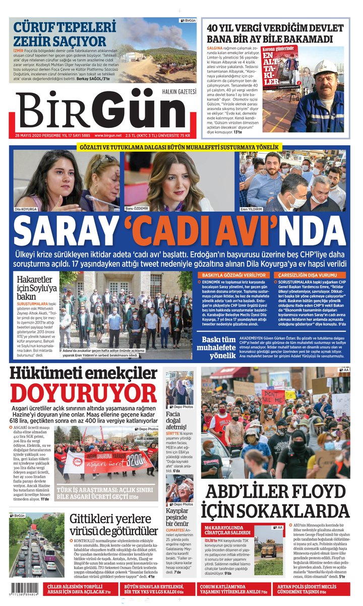 Gözaltı ve tutuklama dalgası bütün muhalefeti susturmaya yönelik
SARAY 'CADI AVI'NDA 
bit.ly/2AjCpWI
Bugünün BirGün'ü