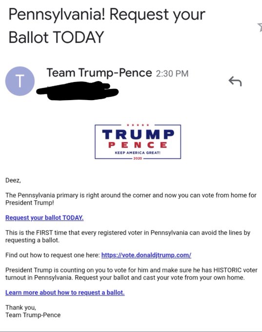 @NoahMHorwitz @bouncermom The Trump campaign, who rejoiced when Texans were refused mail-in ballots, here encourages Pennsylvania voters to 'vote from home for President Trump' so it isn't mail in voting they are opposed to, it's TEXANS voting from home and mailing in their ballots? @GOP @realDonaldTrump