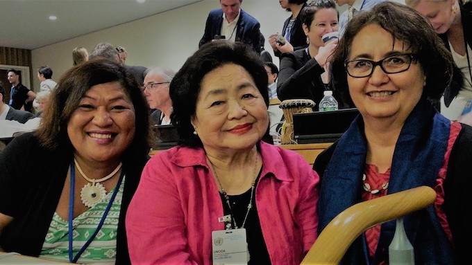 A special acknowledgement of the invaluable work of Fijian ICAN campaigner and academic Dr Vanessa Griffen, pictured here (right) with fellow campaigners on the day in 2017 when 122 nations, including Fiji, voted to adopt the Treaty on the Prohibition of Nuclear Weapons.