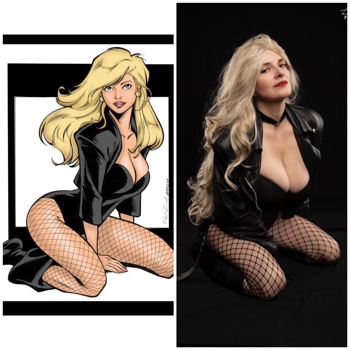 amhcosplays's tweet photo. It’s been a while since I’ve done a #sidebysidechallenge so here is my #charactervscosplay #cosplayvscharacter of Black Canary. I tried leaning forward on my hands like she does in the drawing, but that caused a wardrobe malfunction. 😳 #blackcanary #cosplay #dccomics https://t.co/R95uEB5LQh