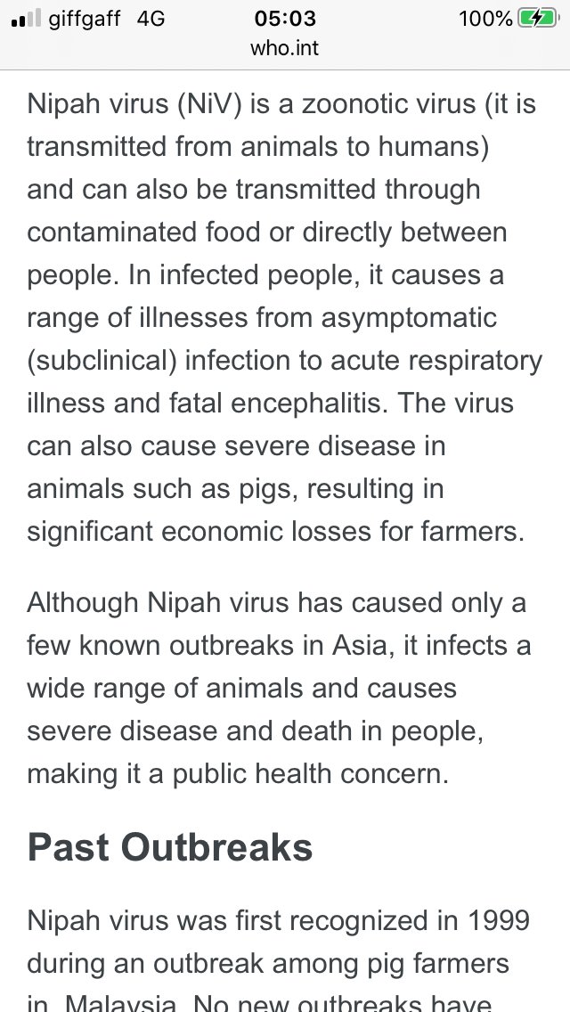 this is a highly instructive case:the Nipah virus (Malaysia, 1999) https://www.who.int/news-room/fact-sheets/detail/nipah-viruswe can consider ourselves ‘lucky’ in the sense that Covid—19 has an extremely low mortality rate.one day we might experience the spread of a virus that is far more virulent — and deadly.