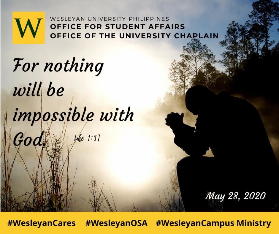 WesleyanPH's tweet photo. Blessed Morning, Wesleyanians!

Day 9 of our WePray Campaign spearheaded by the Office for Student Affairs and the Office of the University Chaplain.

#WesleyanCares
#WesleyanOSA
#WesleyanCampusMinistry
#WePray https://t.co/DV2ZFSgvrv