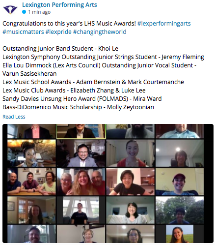 LexPerformArts's tweet photo. Congratulations to this year's LHS Music Award Recipients! #lexperformingarts #lexpride #changingtheworld @lexingtonsuper @LexingtonHSMa @folmads https://t.co/wuwdE3fssu