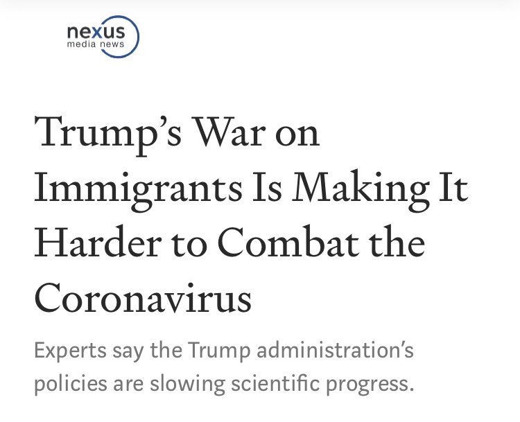 4/ And what else do you know, Schooley also is in a fight with the Trump administration claiming an unnamed “Asian” epidemiologist was denied a visa for what he perceives as improper reasons. Says “it’s an embarrassment for our country”. https://nexusmedianews.com/trumps-war-on-immigrants-is-making-it-harder-to-combat-the-coronavirus-6f76922a1576