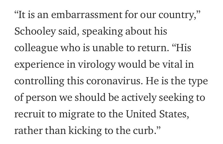4/ And what else do you know, Schooley also is in a fight with the Trump administration claiming an unnamed “Asian” epidemiologist was denied a visa for what he perceives as improper reasons. Says “it’s an embarrassment for our country”. https://nexusmedianews.com/trumps-war-on-immigrants-is-making-it-harder-to-combat-the-coronavirus-6f76922a1576