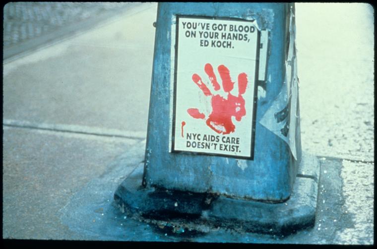 the Gran Fury collective’s work is almost inseparable from ActUp’s guerilla activism. they are really one and the same: they not only created the pink logo but their memorable piece was in itself a guerrilla tactic: a bloodied hand print on posters or painted anywhere.⑨