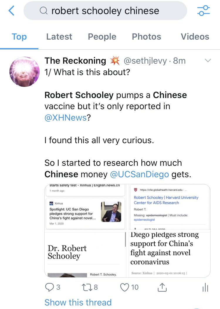 8/ Here’s another thing I find extraordinarily unlikely given how prominent this person is and his clear ties to Chinese research. Not one tweet of Robert Schooley with the word “China” or “Chinese” on Twitter. NOT ONE?!? 