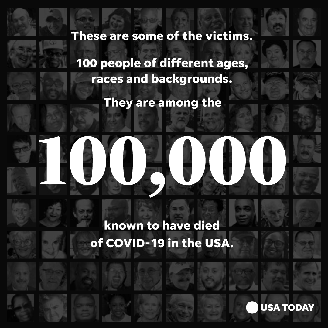 These 100 people lost their lives to COVID-19. They represent 100 of the United States' 100,000 deaths. Let's take a moment to honor their lives as we begin to comprehend what is left behind.