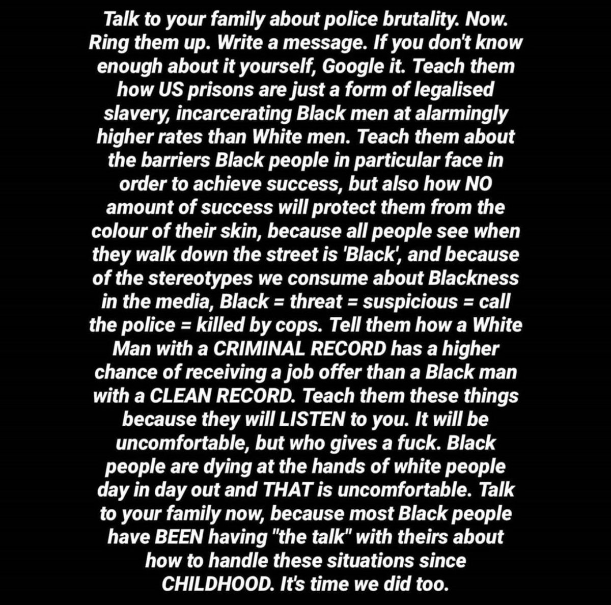 if you feel guilt, confusion about what to do or where to start, unsure about how to talk to your family or friends, more resources on the subject, or actual calls to action, florence given’s IG posts are a good start. also use google ffs. this will keep happening until we engage