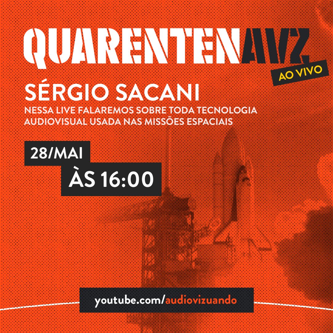 Nesta QUINTA vai rolar aquela ReZenha™ DE OUTRO PLANETA com o <a href="/SpaceToday1/">Sacani (Space Today) - AKA Gordão Foguetes</a> . Nessa live falaremos sobre toda tecnologia audiovisual usada nas missões espaciais.

28/05, às 16h00, na nossa #QurentenAVZ. 

youtube.com/audiovizuando
Ative a notificação lá no canal e compartilhe!🤘