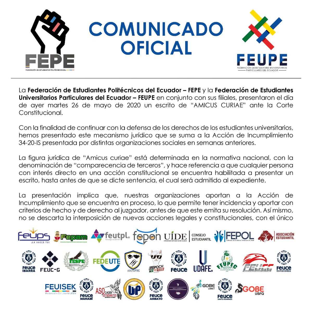 feupscuenca's tweet photo. #QuelaUnoPaguelaCrisis
#UnidosPorLaEducación

Este jueves 28 de mayo se decide el futuro del país, FEUPS se une y participa con las organizaciones estudiantiles universitarias nacionales  en la defensa de los estudiantes para detener definitivamente el recorte a las IES. https://t.co/agrPueKaVw