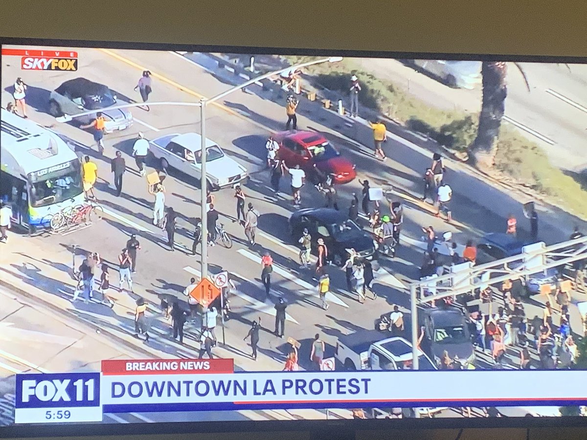 BREAKING: Black Lives Matter protest in downtown LA for  #GeorgeFloyd is spilling onto the 101 freeway and all lanes of traffic are being blocked.  @FOXLA live overhead right now.