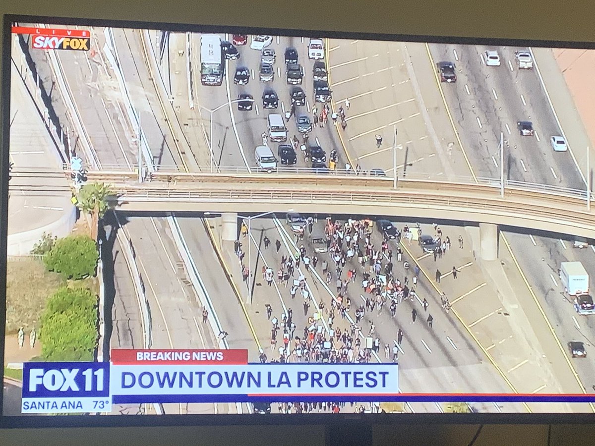 BREAKING: Black Lives Matter protest in downtown LA for  #GeorgeFloyd is spilling onto the 101 freeway and all lanes of traffic are being blocked.  @FOXLA live overhead right now.