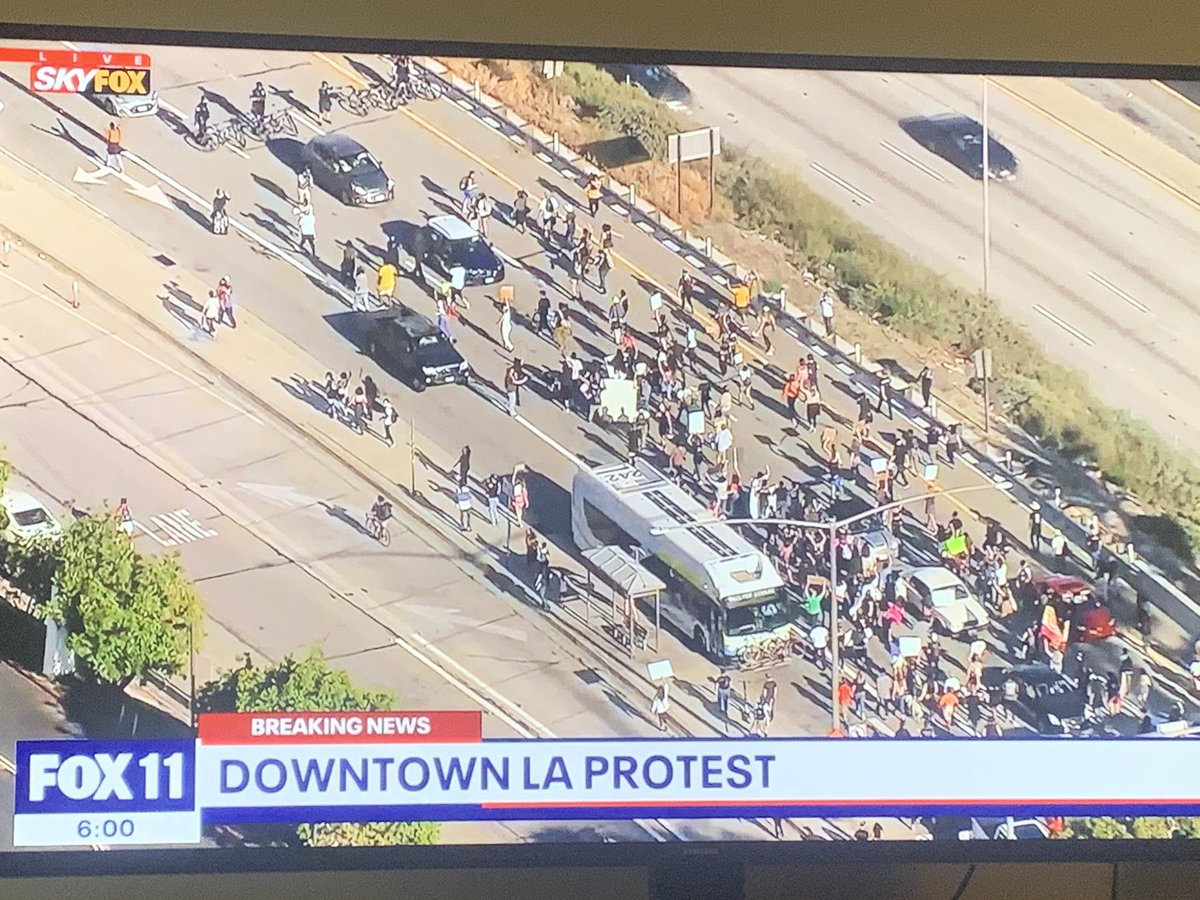 BREAKING: Black Lives Matter protest in downtown LA for  #GeorgeFloyd is spilling onto the 101 freeway and all lanes of traffic are being blocked.  @FOXLA live overhead right now.