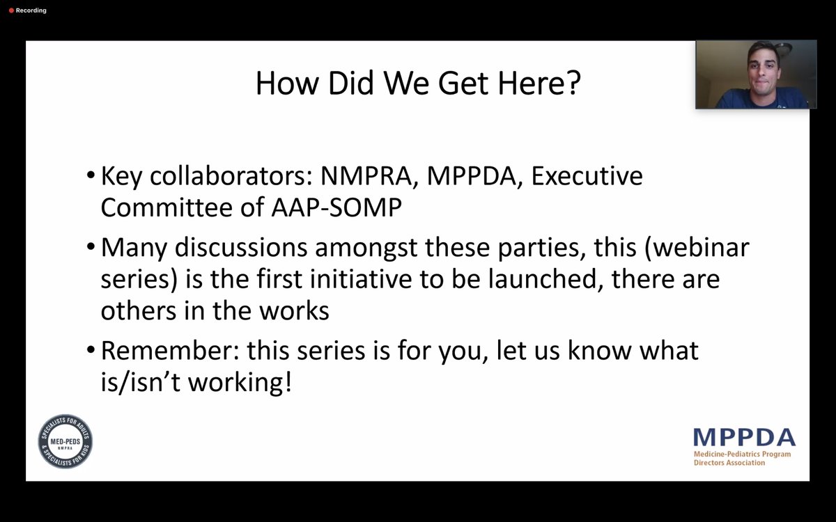 Intros to orgs: @nmpra:  #MedPeds residents org + med student membership. Incoming prez  @maxabillioncruz  #MPPDA: Med-Peds PDs org that collaborate w/ ABIM, ABP, and other communities. Prez is  @MedPedsMike (U of MN PD).  #AAPSOMP: Keeps everyone up to date on ACP, AAP, cert2/