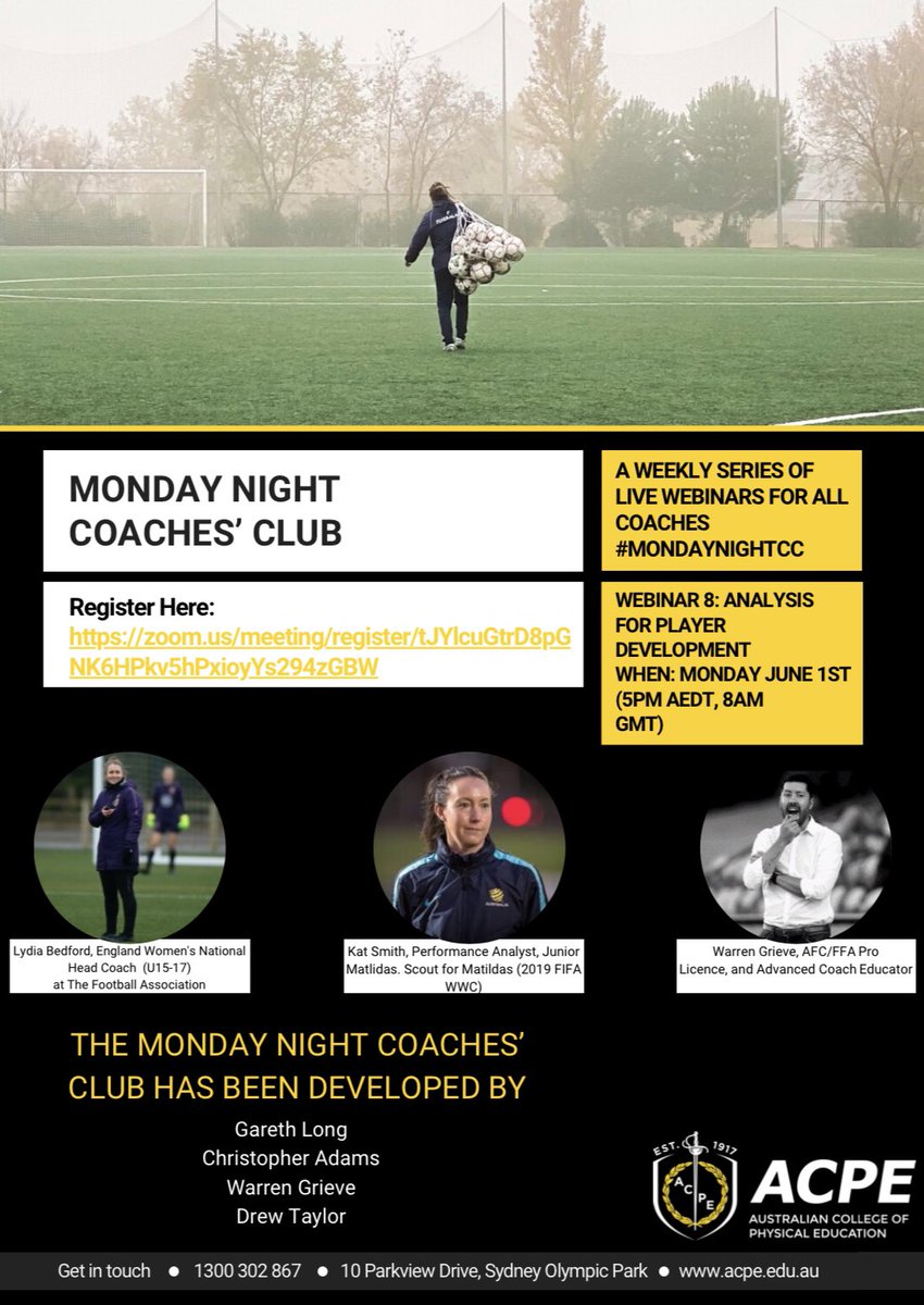 We’re back again this coming Monday, once again looking forward to being on the panel. Free to register.
#MondayNightCC @female_football_australia <a href="/femaleCN/">Female Coaching Nwk</a> <a href="/thematildas/">CommBank Matildas</a> <a href="/footballfedaus/">Football Australia</a> @thefootballassociation 

zoom.us/meeting/regist…