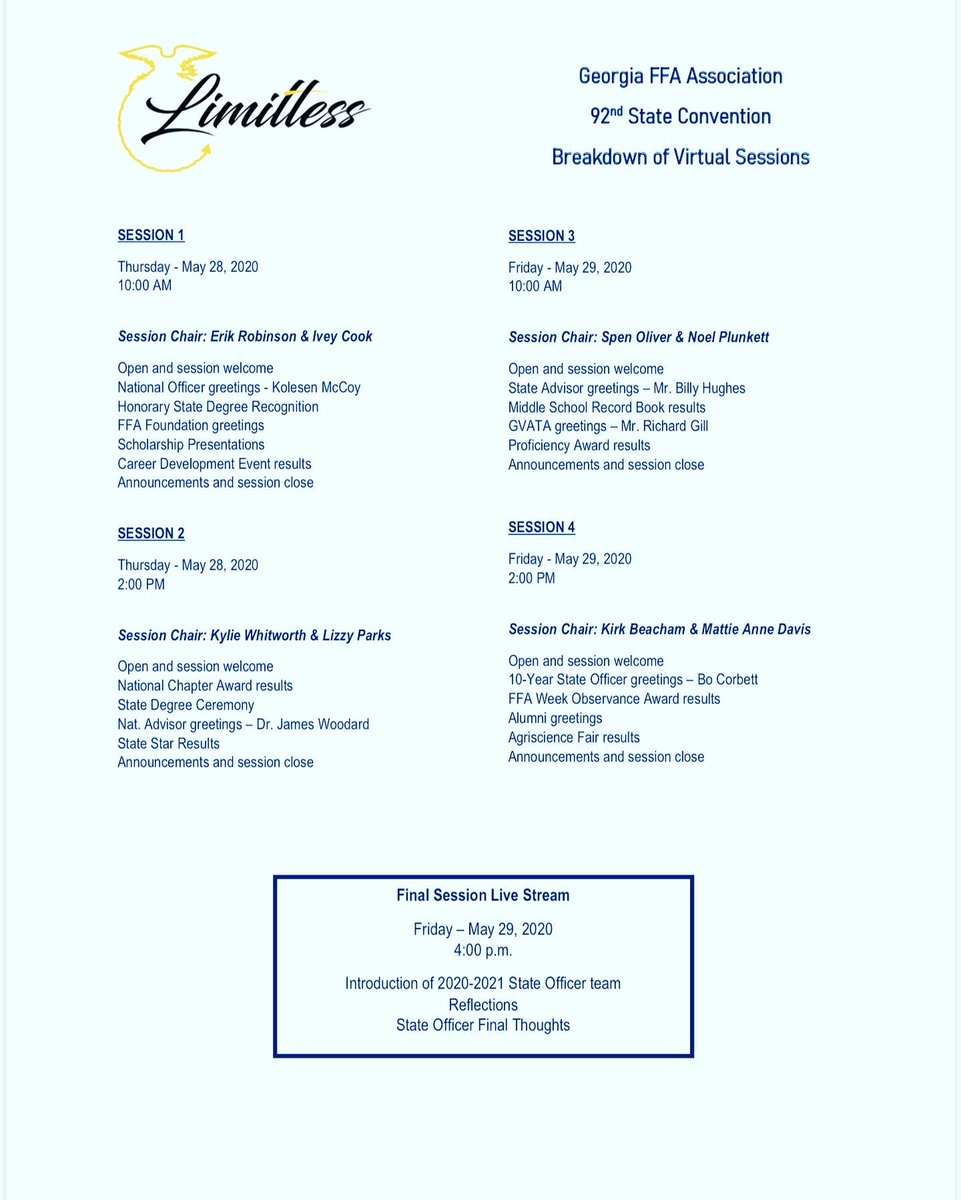 grove_ffa's tweet photo. ⚠️HEY FFA MEMBERS⚠️ Check out the FFA State Convention online. If anyone is interested in voting for our chapter during these specific times (found in the 2nd photo), let Mrs. Crown know. Happy Summer!!☀️☀️ #ffastateconvention #ffa #ughs https://t.co/3iLegHMLpH