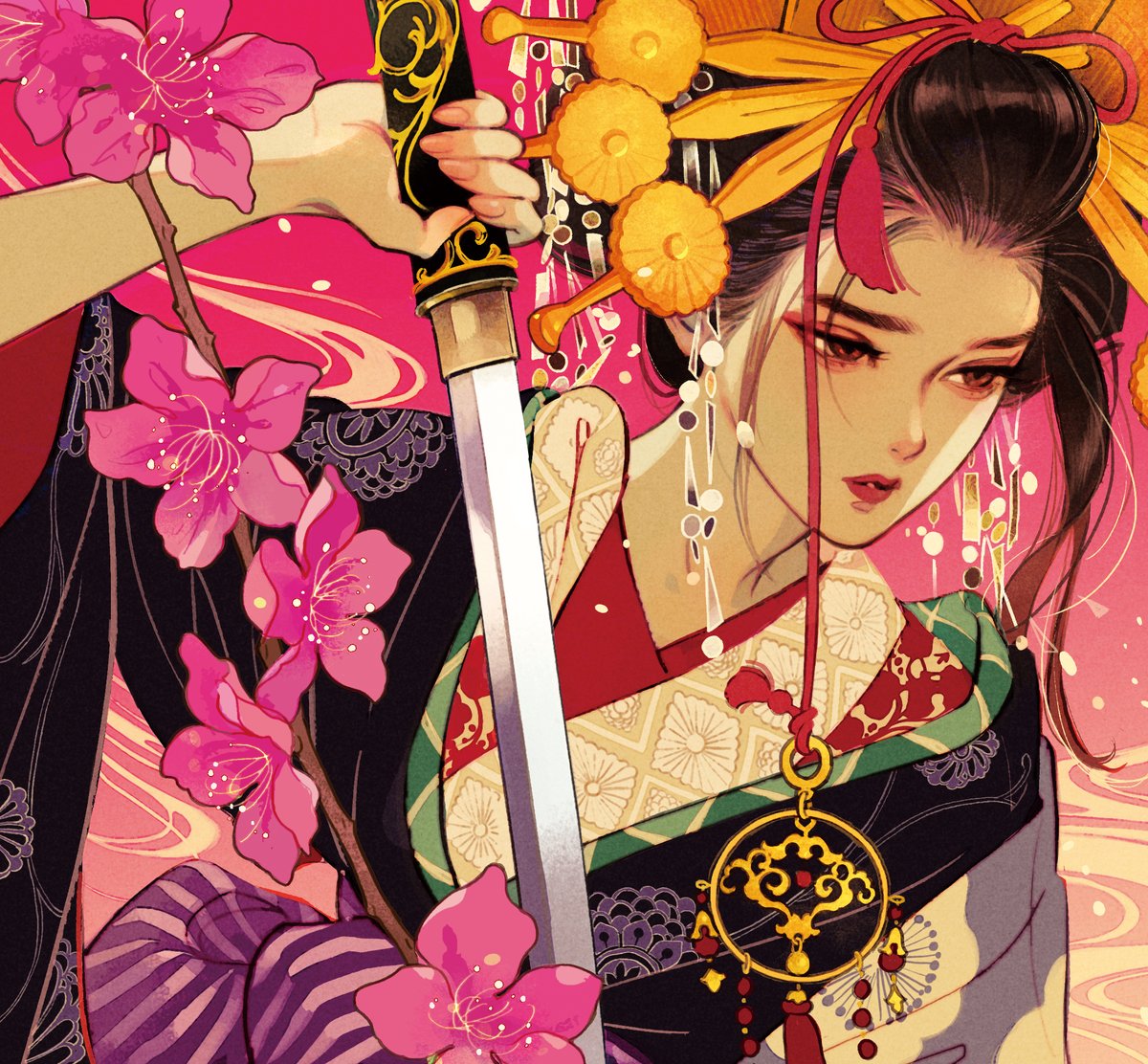 1girl sword weapon japanese clothes solo kimono holding sword  illustration images