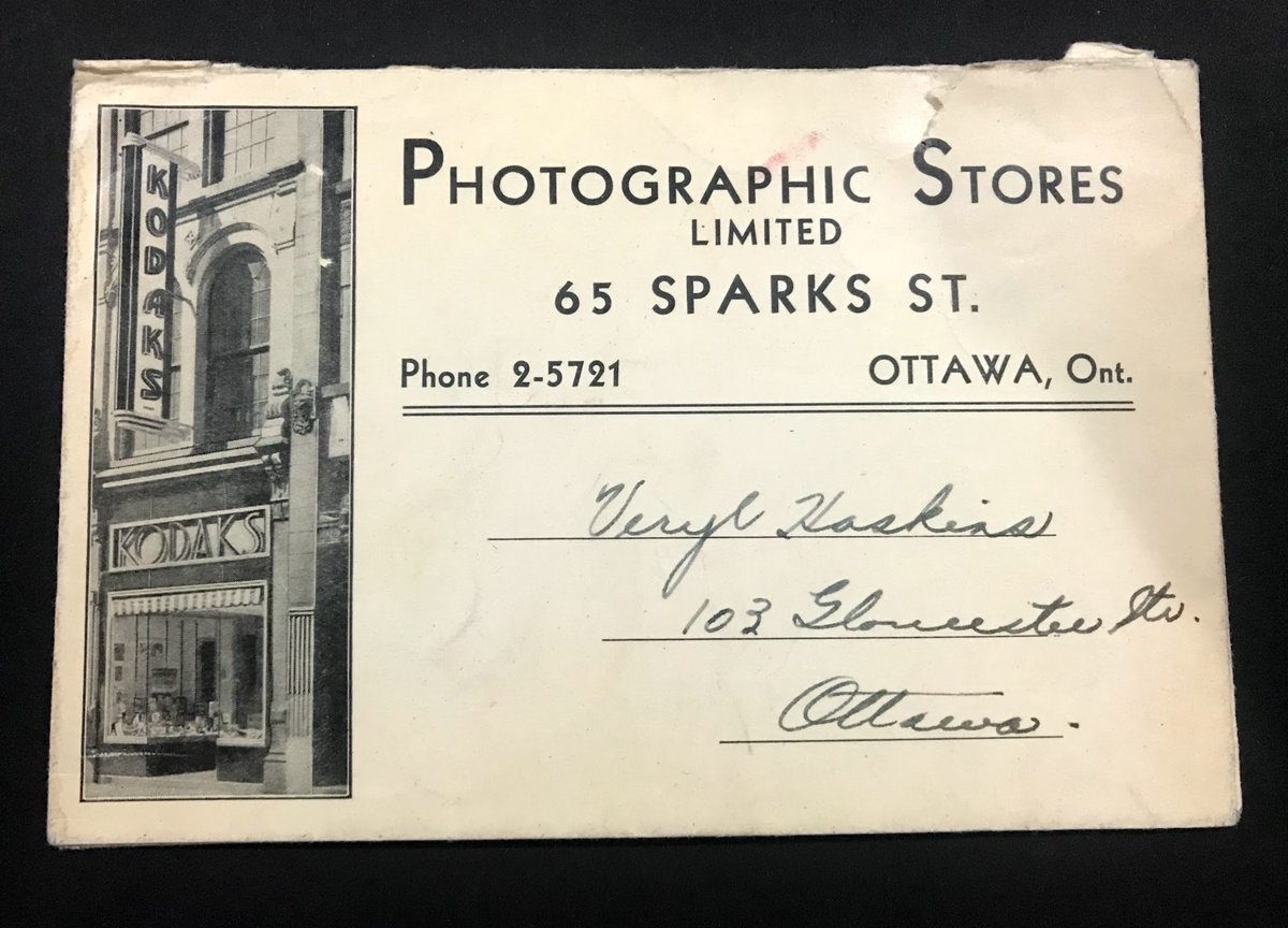The caption may say "me," but the photo development receipts and envelopes stuck in the back say Miss Veryl Haskins, 103 Gloucester Street, Ottawa.The undeveloped negatives in the envelope appear to be of the morale-boosting variety.