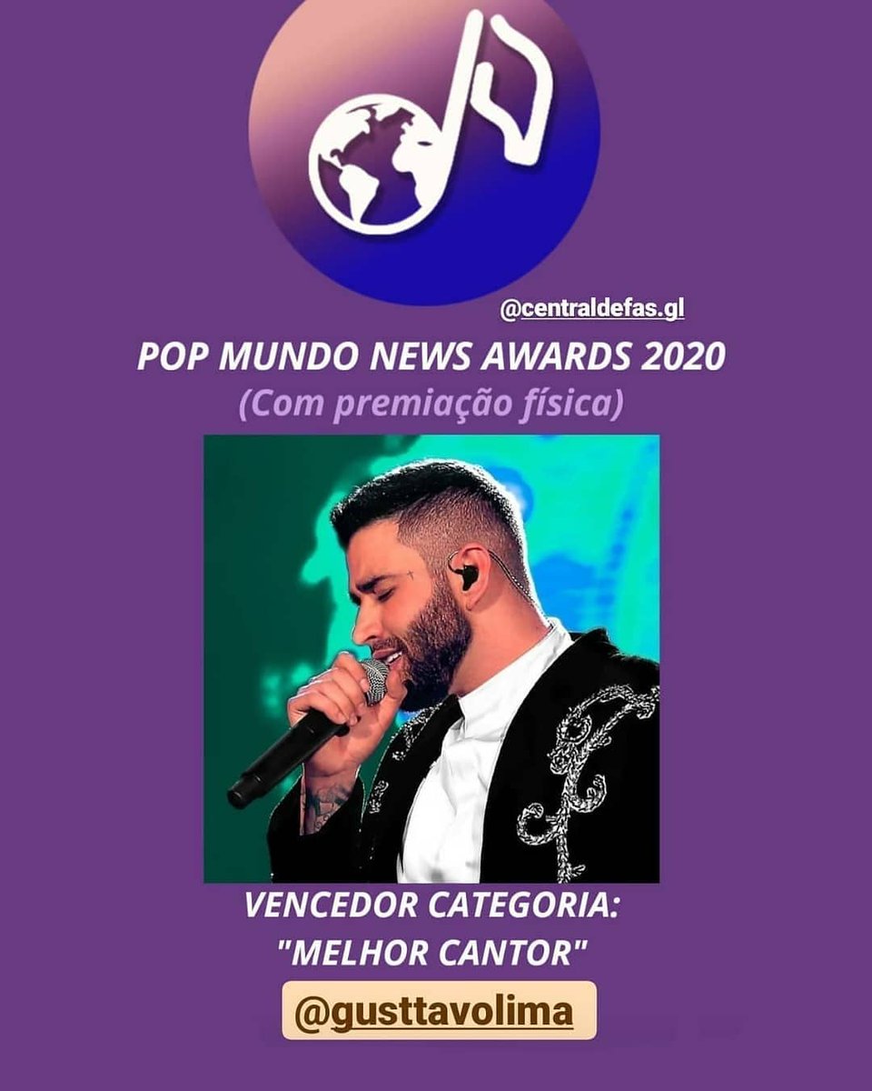 gusttavolima360's tweet photo. MELHOR CANTOR, SIMMM!

O @gusttavo_lima foi o vencedor da categoria "Melhor Cantor", pelo voto popular na premiação "Pop Mundo News Awards 2020". Na ocasião, o cantor receberá um troféu físico da categoria. 🏆 https://t.co/K8JAiwx5dx