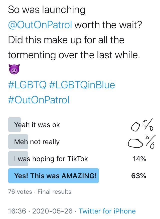 SgtJPonsioen's tweet photo. Well remember this IS an official poll, so the numbers do NOT lie... the majority of you thought waiting for @OutOnPatrol was worth it, and the rest of you want TikTok... ๐คทโโ๏ธ
#officialpoll #notfakenews
Seriously, thank you all for supporting #OutOnPatrol ๐ https://t.co/malf9jvTyo