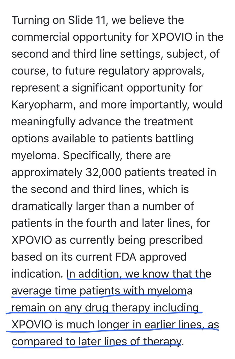  $KPTIBut, it gets more interesting from there... Let’s follow mgmt’s lead:Numerically smaller number of deaths on SVd is “extremely important” & “somewhat unexpected” given earlier line of Tx where avg time on therapy is much longer: