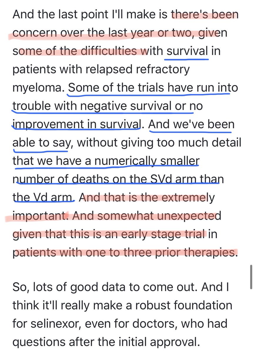  $KPTIBut, it gets more interesting from there... Let’s follow mgmt’s lead:Numerically smaller number of deaths on SVd is “extremely important” & “somewhat unexpected” given earlier line of Tx where avg time on therapy is much longer: