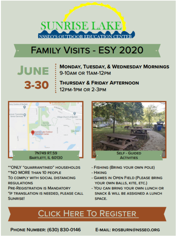 SunriseLakeOEC's tweet photo. We are very excited to announce that Sunrise will be welcoming NSSEO families during ESY for self-guided activities. We are offering two 1-hour time slots daily with 1 family at a time. Please spread the word!!!
Pre-Registration is required: https://t.co/SPm6vJC4BL https://t.co/MyrGSF3iFZ