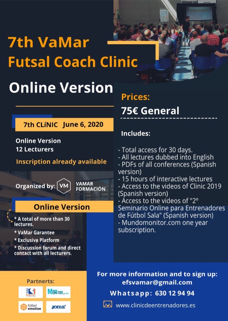adri_martino's tweet photo. "The best coaches, probably the best futsal event in English for Coaches in the world"
📌Full contacts with lecturers
📌An extra class explaining the terminology
7th VaMar International Futsal Coach Clinic"
🎧Everything dubbed into English
More info✍️: efsvamar@gmail.com https://t.co/Xw1SST8pgJ