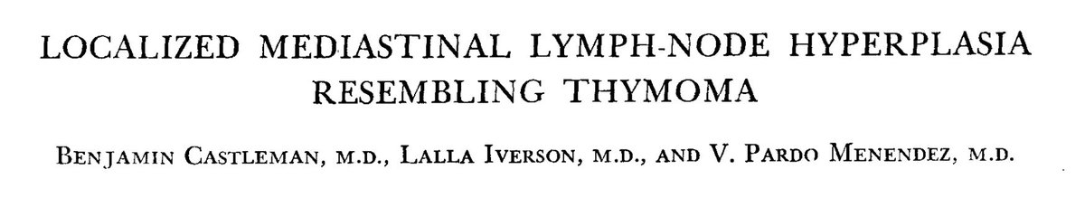 In 1956, Benjamin Castleman et al described 13 cases of mediastinal lymph node hyperplasia that resembled thymomas grossly and microscopically