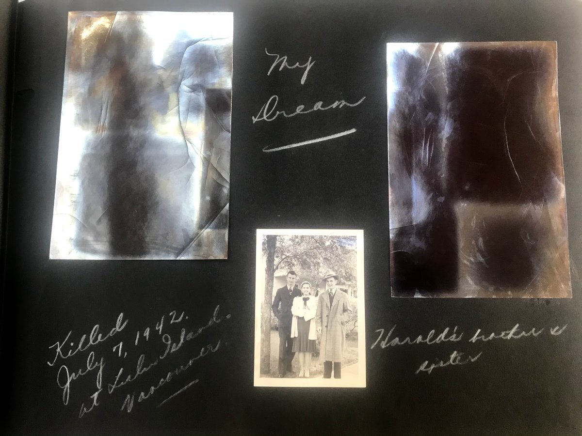 The happy outings of the early pages are giving way to losses. The starkest page of the album is labeled "My Dream." It says that someone (probably named Harold) was killed on July 7, 1942, and features two silvery patches that might once have been photos?