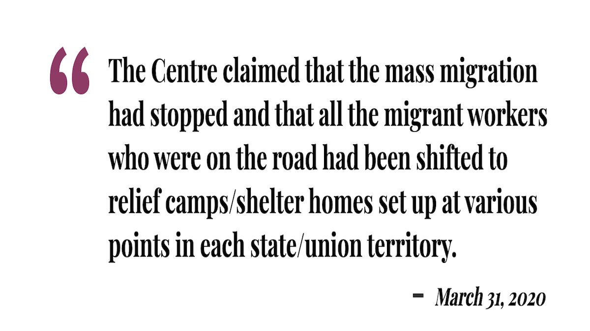 Alakh Alok Srivastava v. Union [Disposed on April 3] The Centre claimed that the mass migration had stopped and that all the migrant workers who were on the road had been shifted to relief camps/shelter homes set up at various points in each state/union territory.  #MigrantWorkers