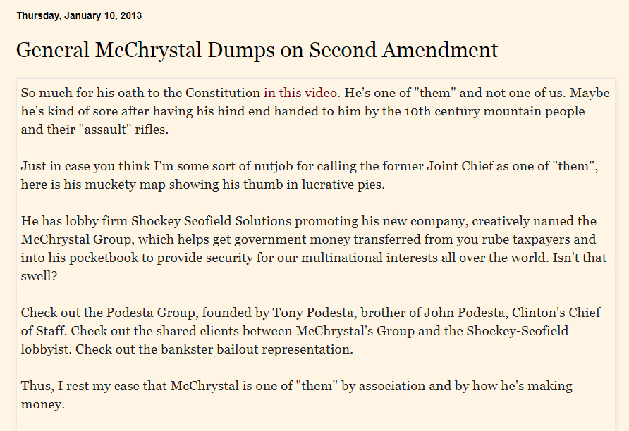 39/ While McChrystal Group claims to not be a lobbying firm, it's associations with such groups contradict this. Look at this blog from 2013 highlights and crossover between McChrystal Group and Podesta Group! Source http://therepublicanmother.blogspot.com/2013/01/general-mcchrystal-dumps-on-second.html