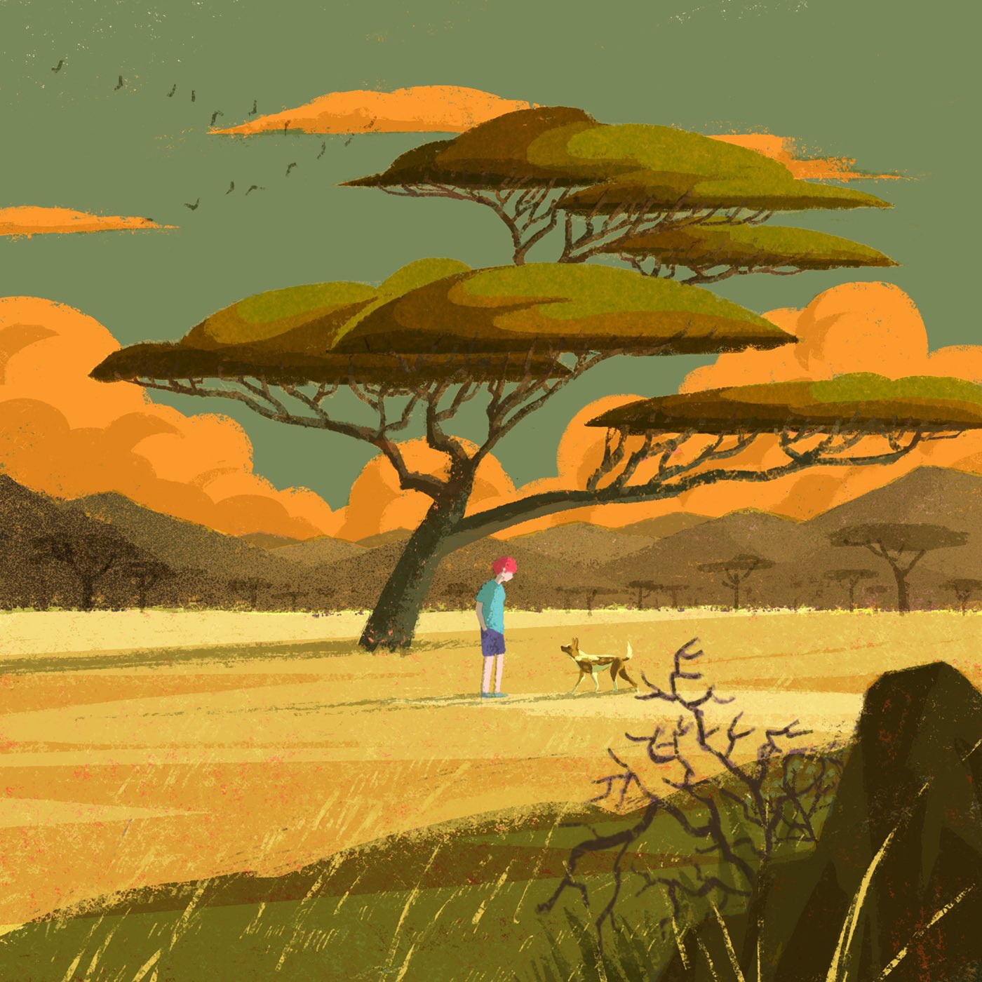 東京メロンボーイ 浦上和久 United Common Recordsからリリースされるningenの Tree にイラスト描いてます 夕暮れ時のサバンナを背景に そこに暮らす絶滅危惧種の動物リカオンなど描きました T Co Oqdmbwkmri Twitter