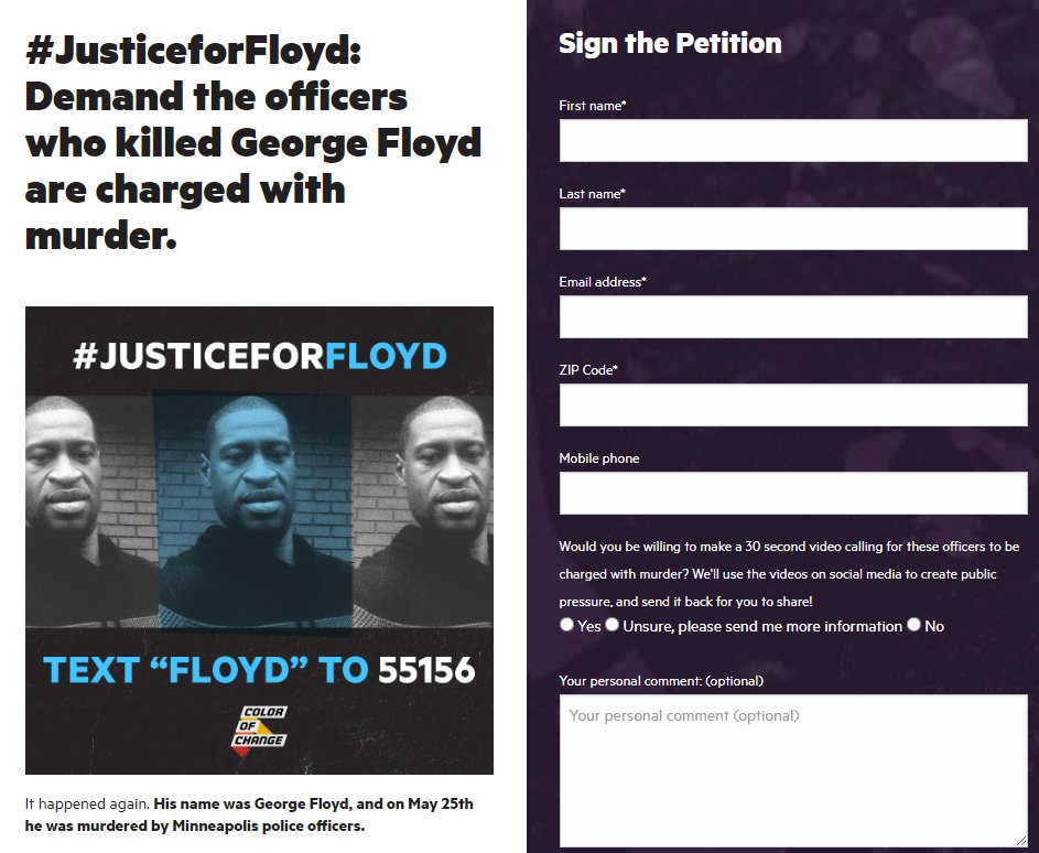 DON'T RETWEET i'm seeing a lot of  http://change.org  petitions shared; while i am sure they help raise awareness, none seem to be made by actual relatives of floyd. if you have signed any of those, i urge you to sign here as well: http://act.colorofchange.org/sign/justiceforfloyd_george_floyd_minneapolis