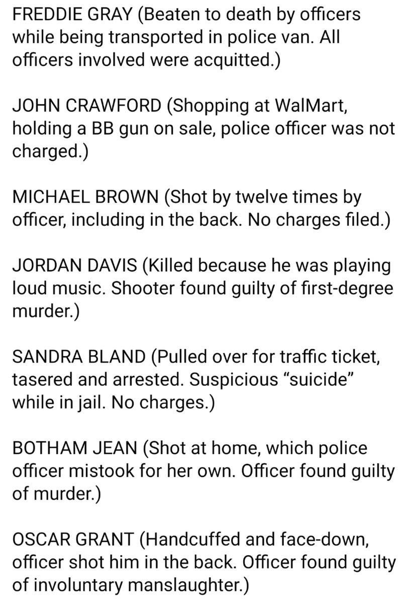 These are some (SOME) of the BIPOC folks that were unarmed but shot down by police. Know their faces, their names, & how they were murdered for simply being a different color.All the while armed white people can march straight into government buildings w/o any retaliation.