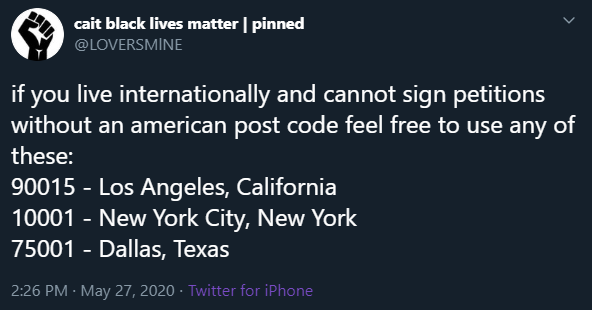  DON'T RETWEET for those outside of the usa who want to help, users have been compiling lists of zip/post codes to use so you all can still sign petitions regardless: