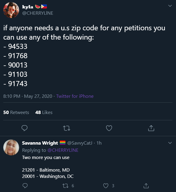  DON'T RETWEET for those outside of the usa who want to help, users have been compiling lists of zip/post codes to use so you all can still sign petitions regardless: