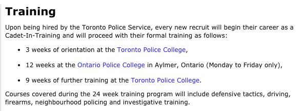 in Toronto, it's 24 weeks before you can be classified as a 4th class constable (starting salary: $70,643)  http://www.torontopolice.on.ca/careers/uni_training.php