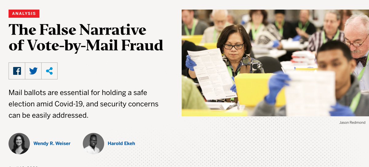 17/All types of voter fraud in U.S. elections are minuscule in comparison to the number of ballots cast, according to elections experts ( @BrennanCenter):  https://www.brennancenter.org/our-work/analysis-opinion/false-narrative-vote-mail-fraud