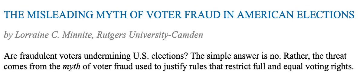 31/Mistake, not fraud: "Fraud by individual voters is almost nonexistent; mistakes in a confusing system are the real issue" ( @Rutgers_Camden Professor Lorraine C. Minnite):Â https://scholars.org/sites/scholars/files/ssn_key_findings_minnite_on_the_myth_of_voter_fraud.pdf