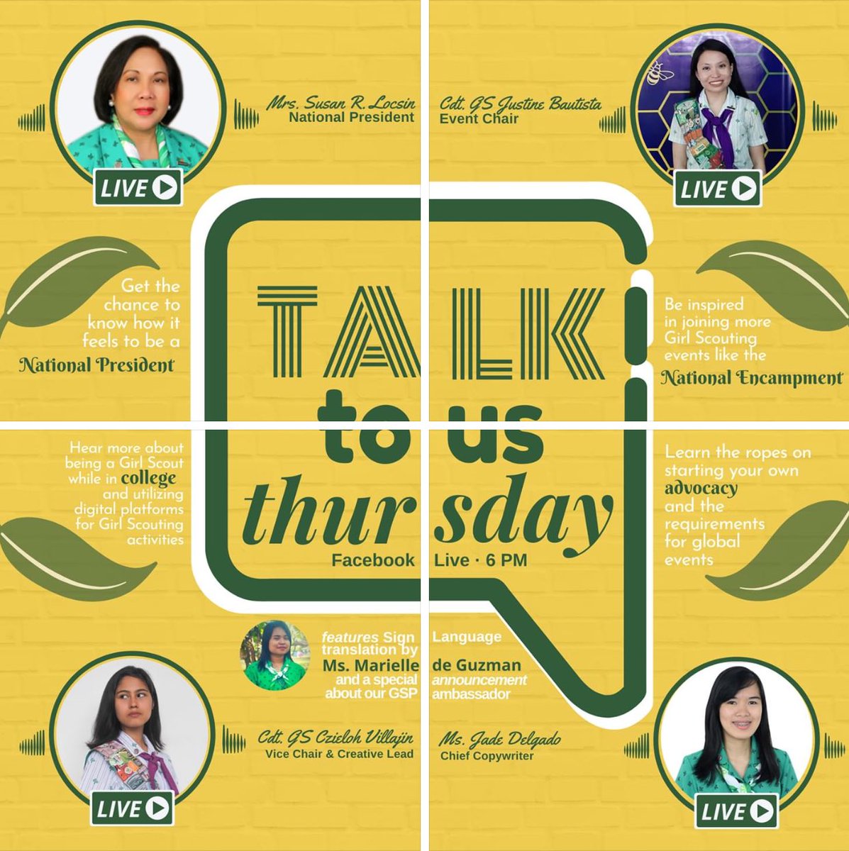 notjadelgado's tweet photo. Girls in green! If you’re free at 6PM today, join us on FB Live as we answer your #AskGSP questions for ‘Talk to Us Thursday’ on the official FB page of @GirlScoutsPH.
I’ll be covering the exciting questions on global advocacy & international events.
See you there! 💚💪🏼 https://t.co/its2g9xeAN