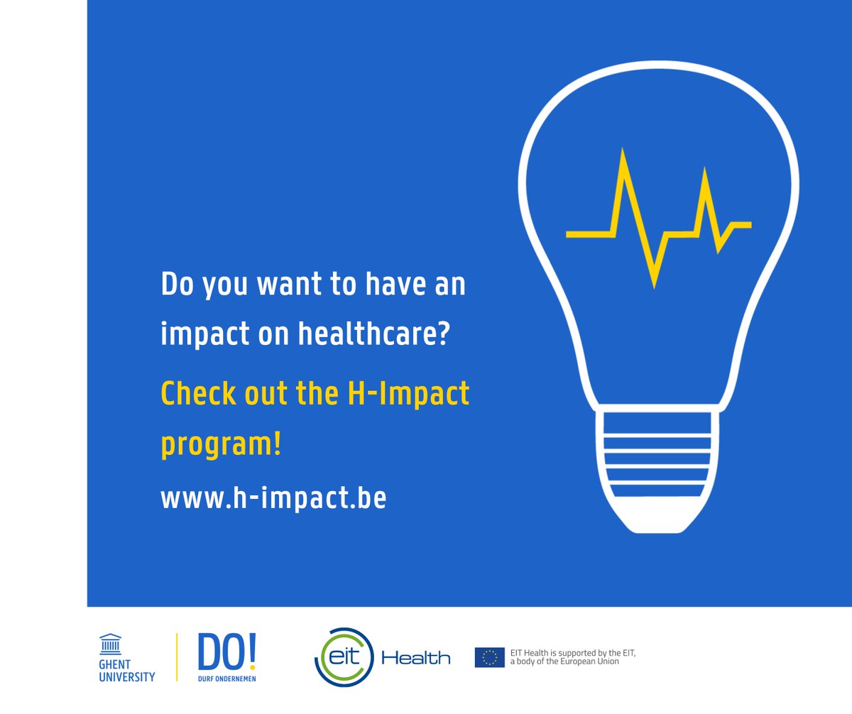 UGentTT's tweet photo. Do you want to have an impact on healthcare of tomorrow? Maybe now more than ever! Then don't miss your chance & register for the H-Impact program, a @ugent #Health #Innovation & #Entrepreneurship Program supported by @EITHealth & @durfondernemen! https://t.co/J0pSMaBoV0 #himpact https://t.co/rBtVvjVRvX